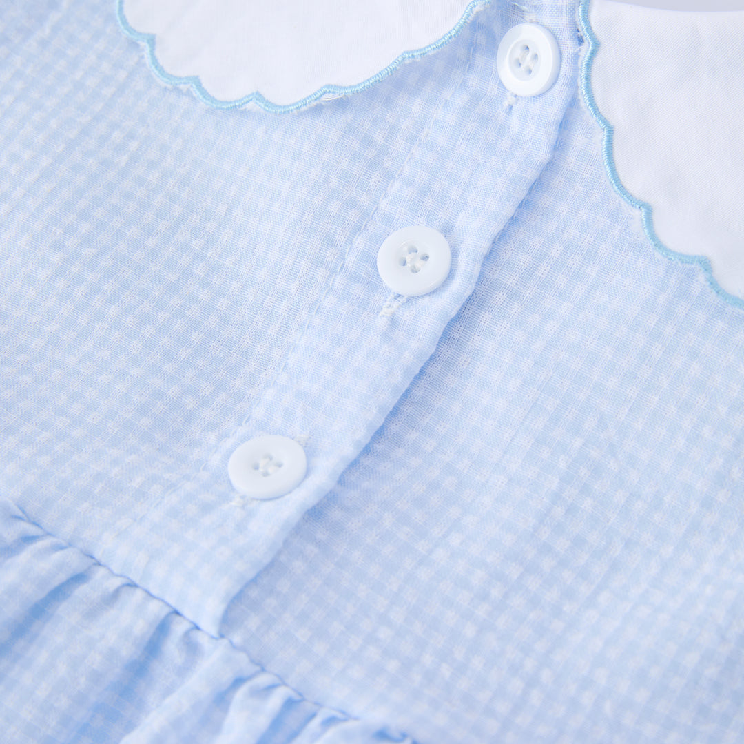 Girls flower embroidered blue plaid dress