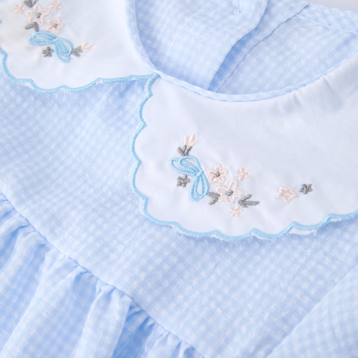 Baby blue plaid embroidered lace bodysuit romper