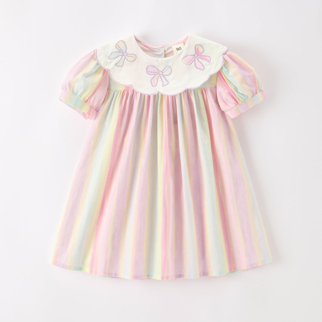 Girls' candy color striped dress with bow embroidery