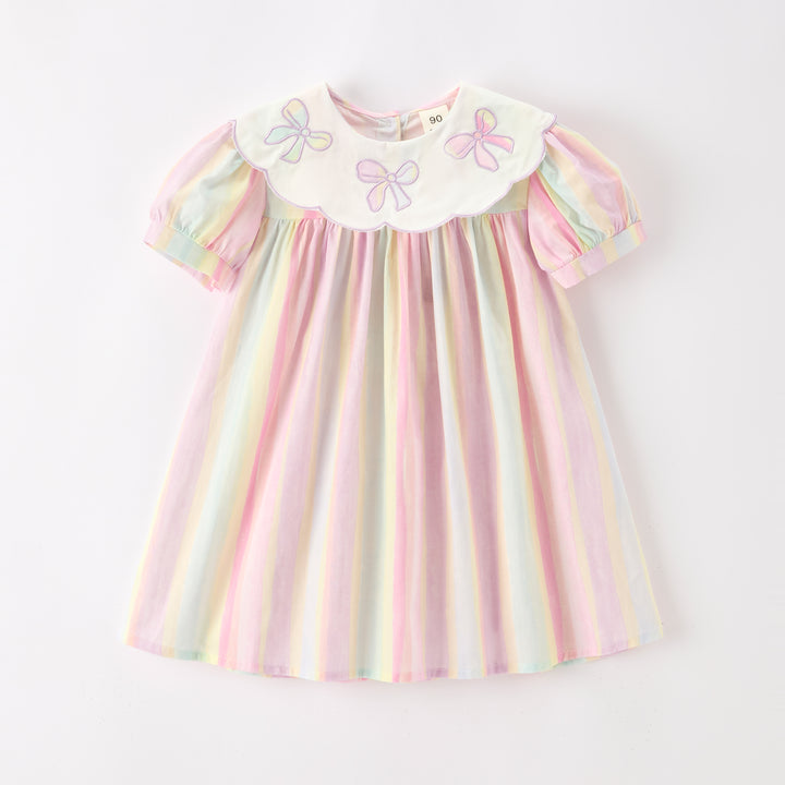 Girls' candy color striped dress with bow embroidery