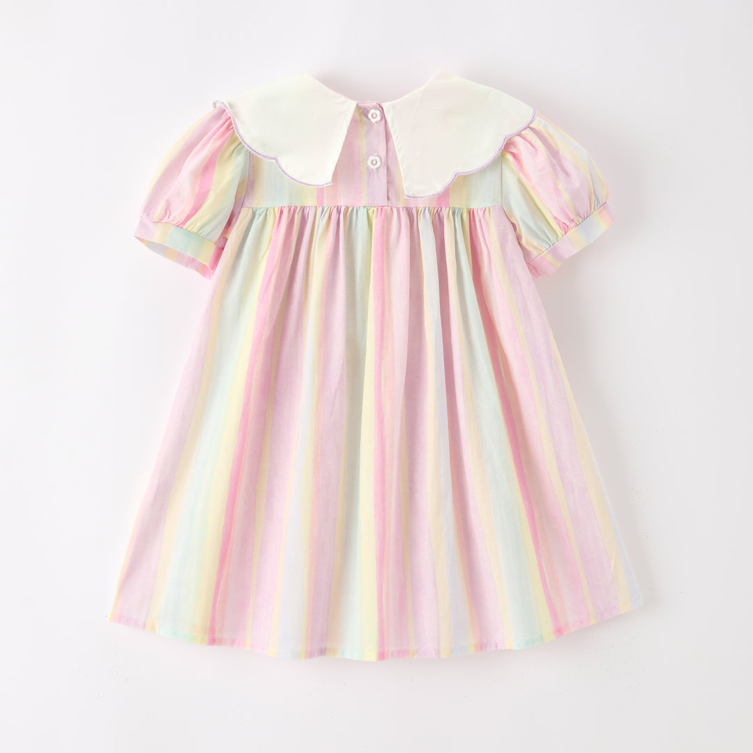 Girls' candy color striped dress with bow embroidery