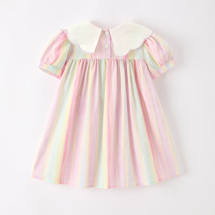 Girls' candy color striped dress with bow embroidery