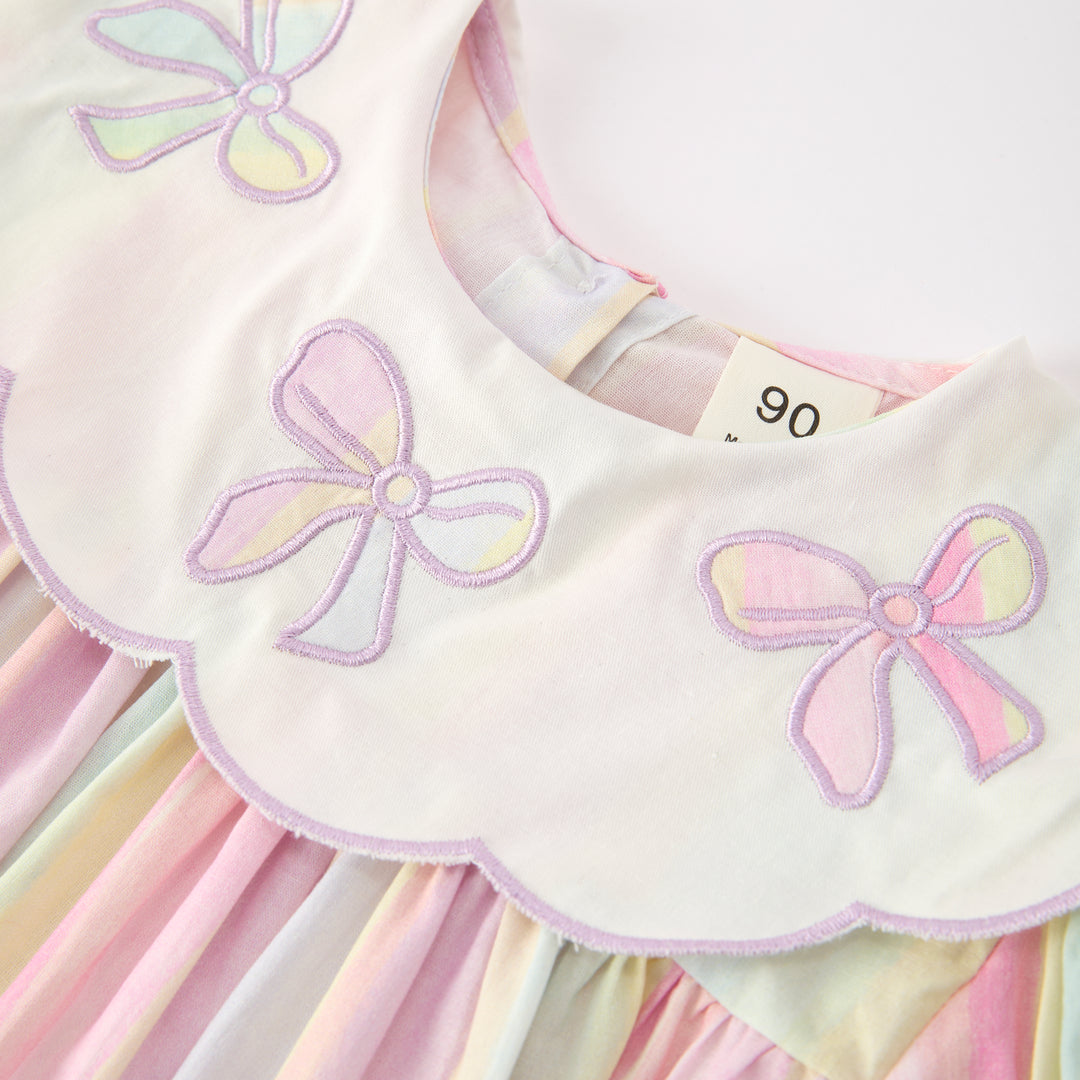 Girls' candy color striped dress with bow embroidery