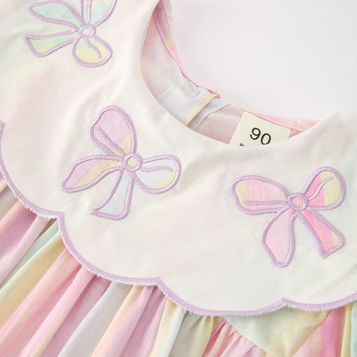 Girls' candy color striped dress with bow embroidery