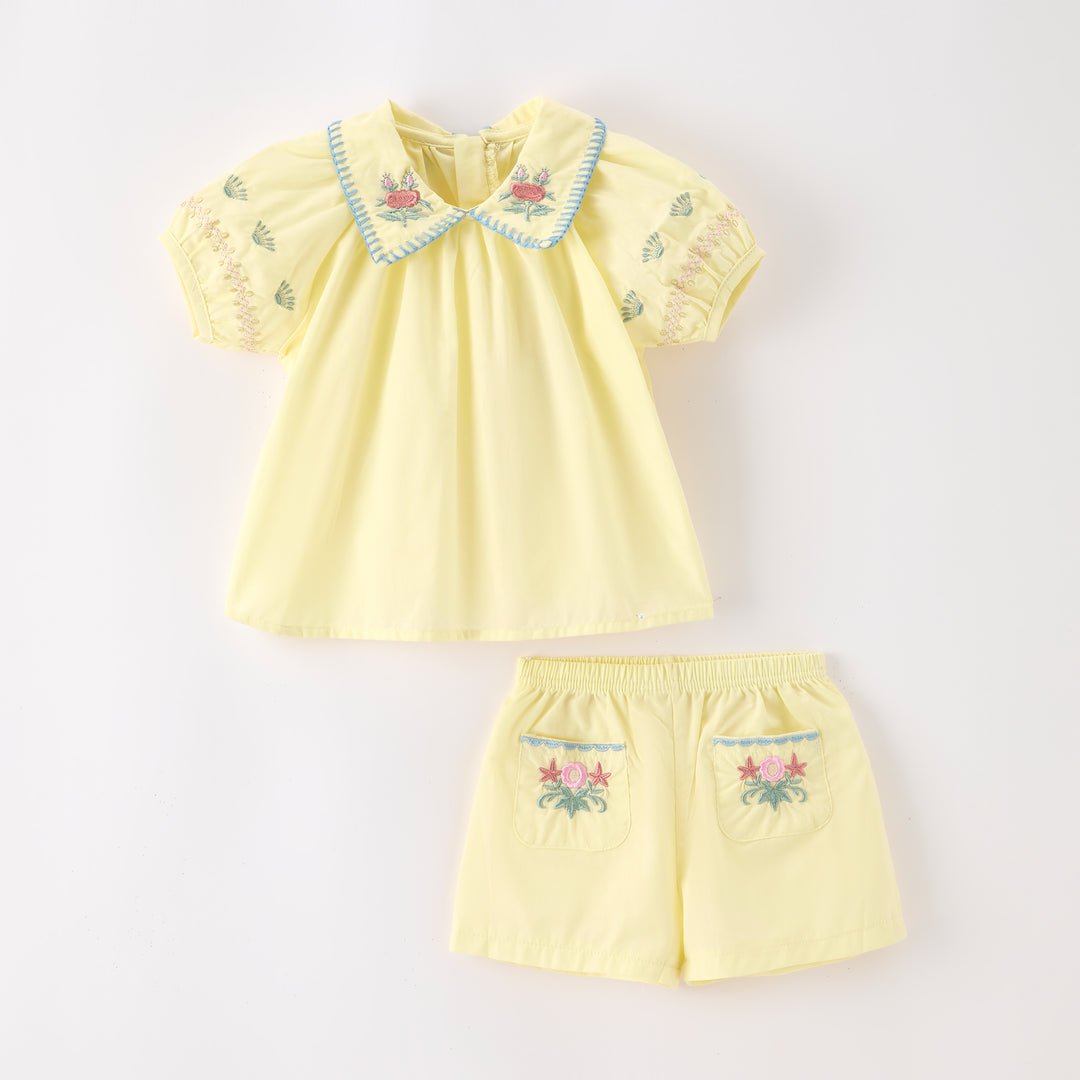Baby Floral embroidered collared top&shorts 2pcs set