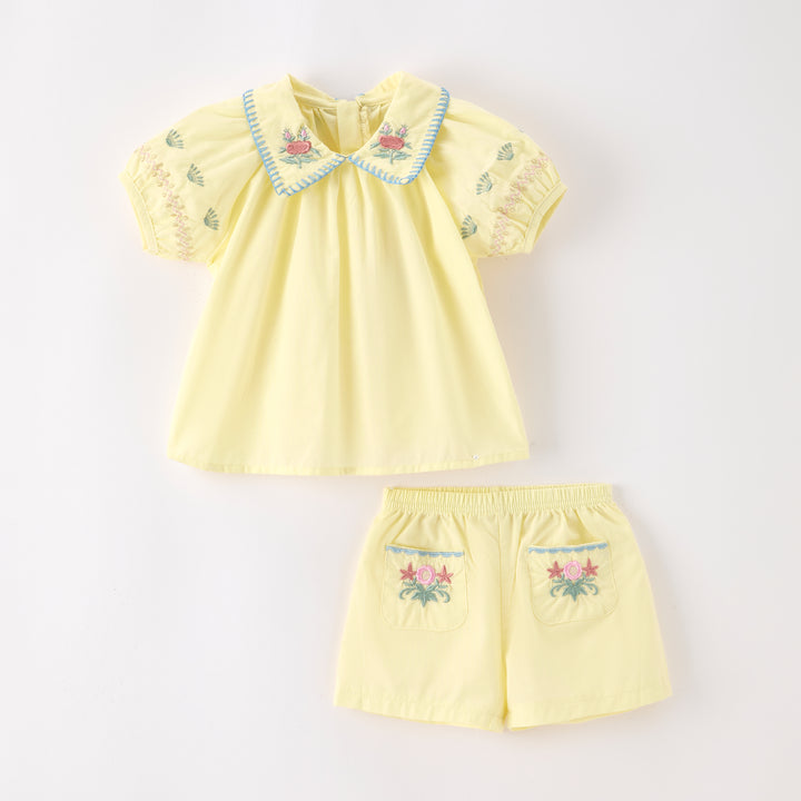 Baby Floral embroidered collared top&shorts 2pcs set