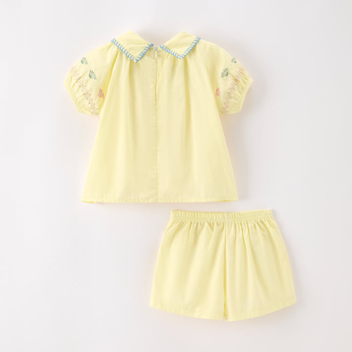 Baby Floral embroidered collared top&shorts 2pcs set