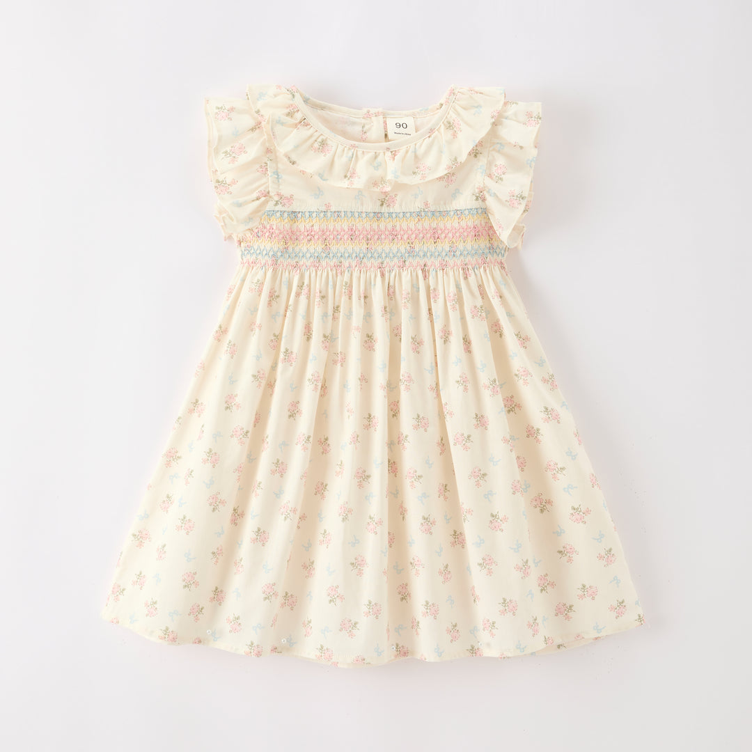 Girls'floral smocked dress flutter Sleeves ruffled hem dress