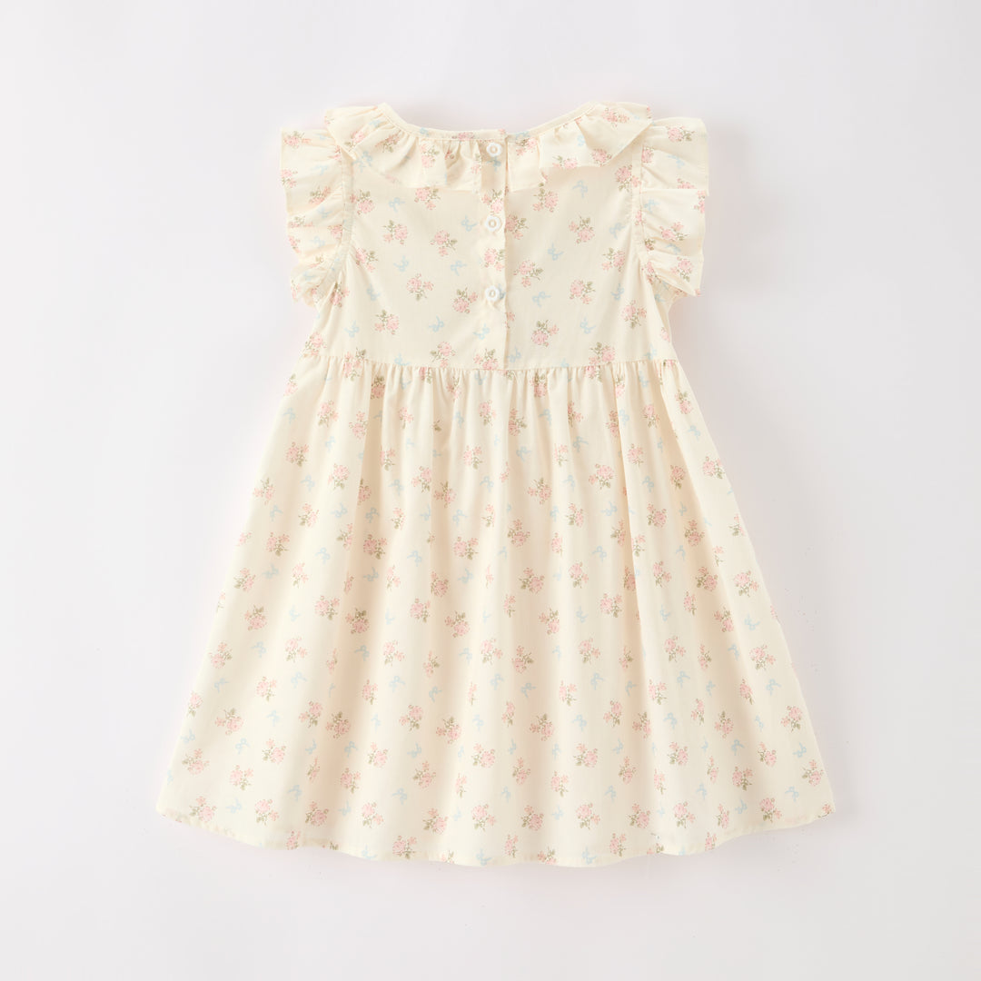 Girls'floral smocked dress flutter Sleeves ruffled hem dress