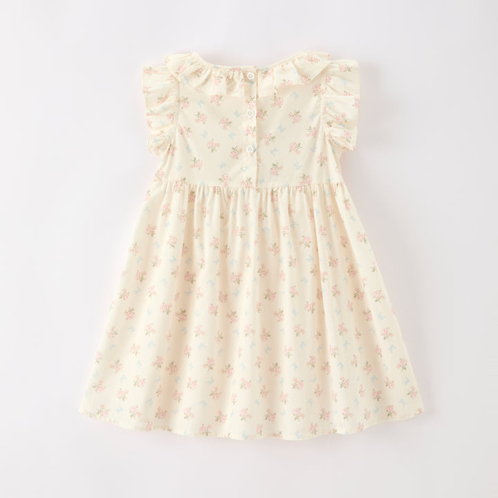Girls'floral smocked dress flutter Sleeves ruffled hem dress