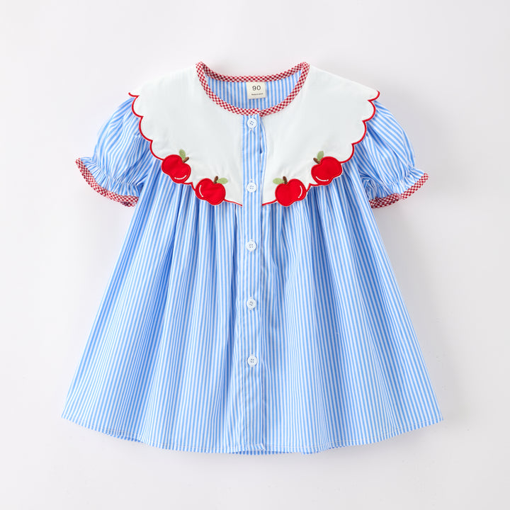 Back to school apple embroidered blue striped girls' dress