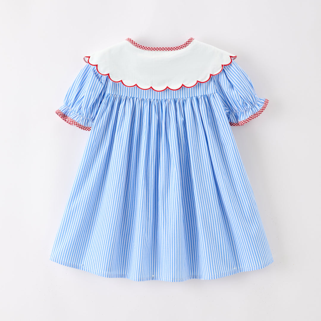 Back to school apple embroidered blue striped girls' dress