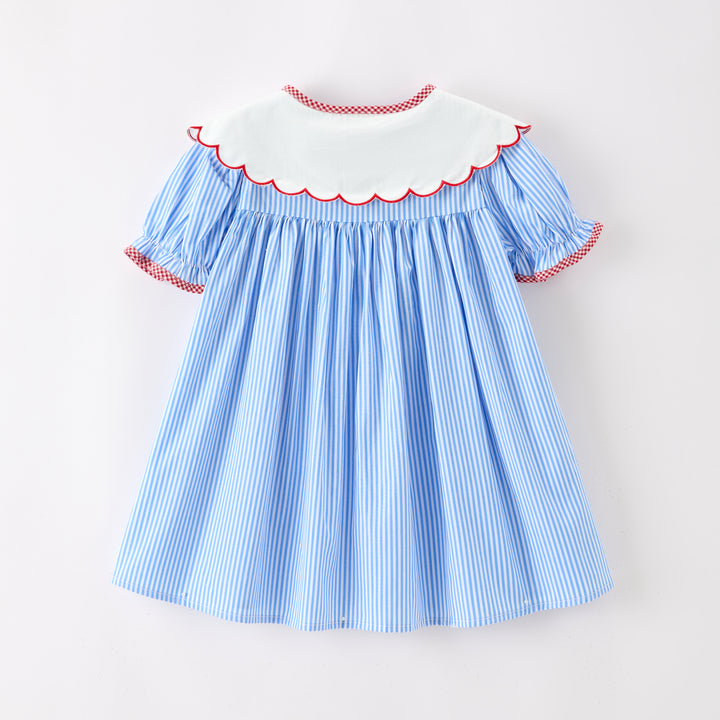 Back to school apple embroidered blue striped girls' dress