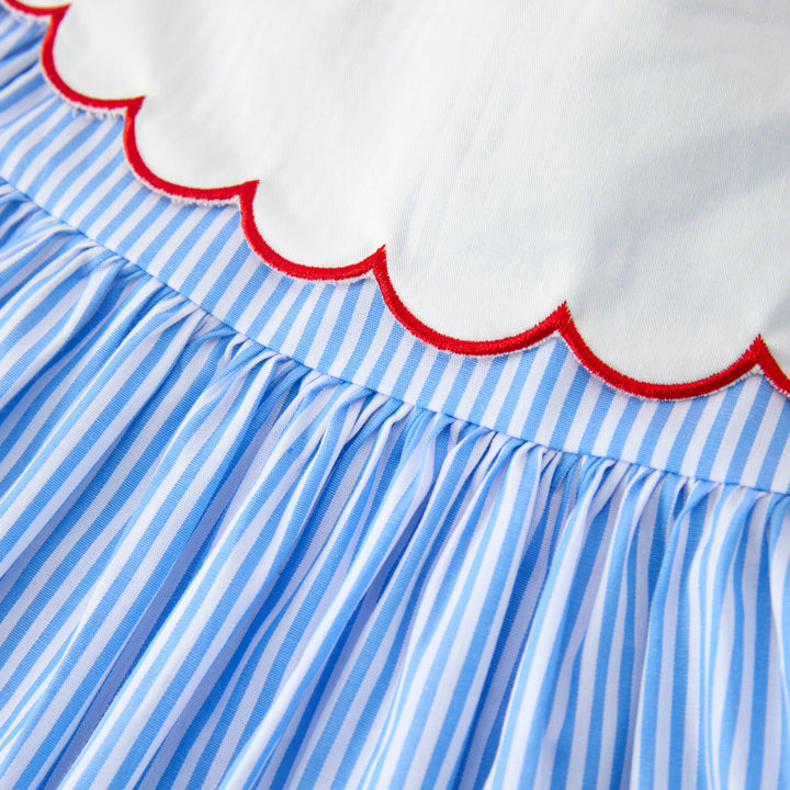 Back to school apple embroidered blue striped girls' dress