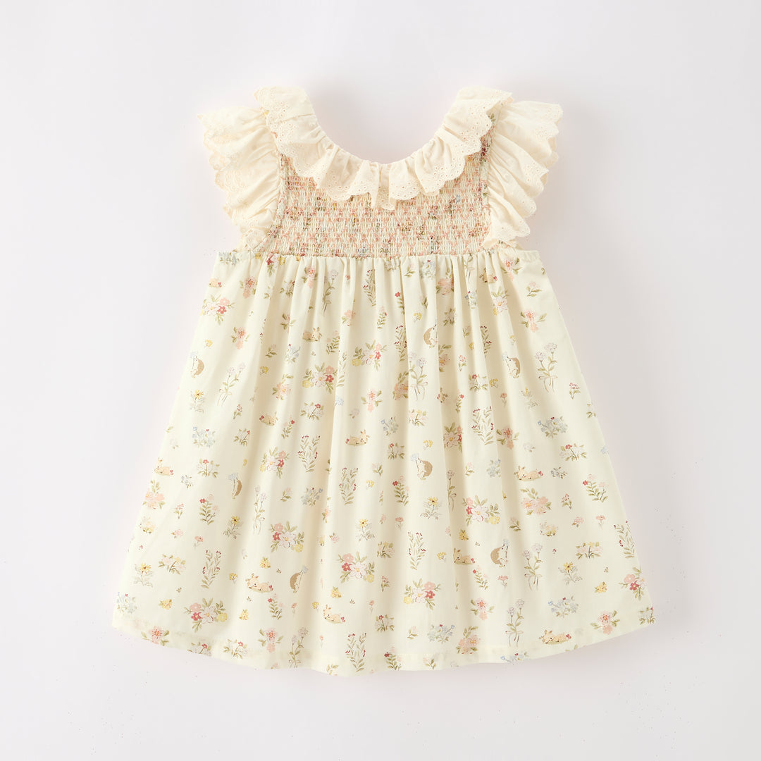 Baby girls floral print cotton smocked dress with lace collar