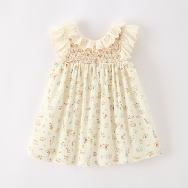 Baby girls floral print cotton smocked dress with lace collar