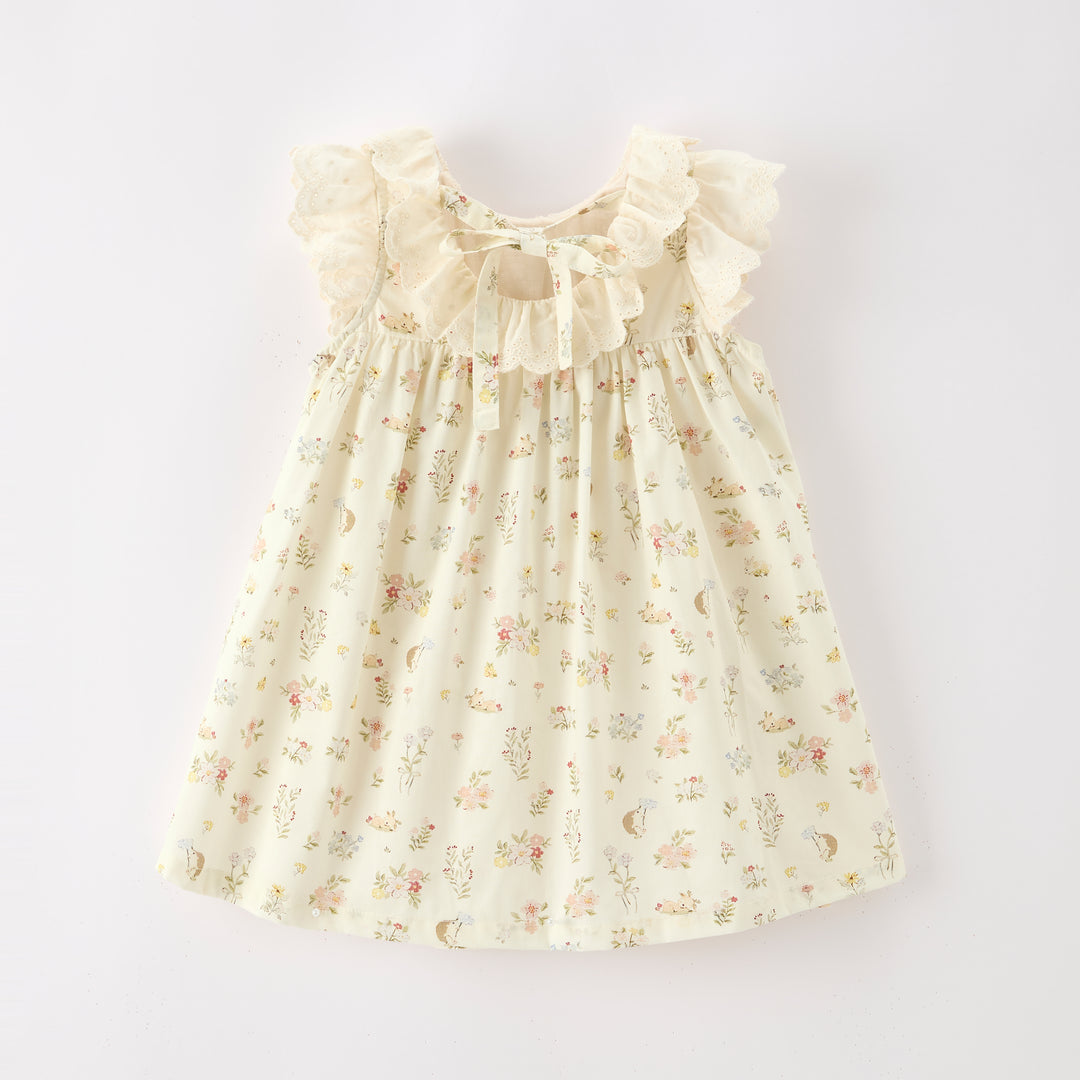 Baby girls floral print cotton smocked dress with lace collar