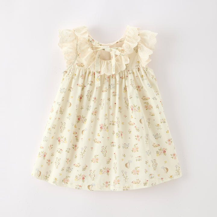 Baby girls floral print cotton smocked dress with lace collar
