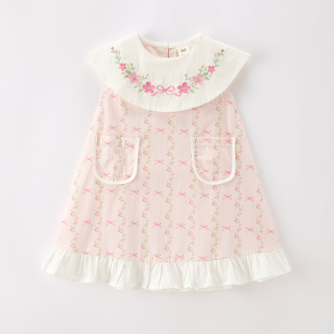 Girls'Pink sweet floral embroidery sleeveless dress