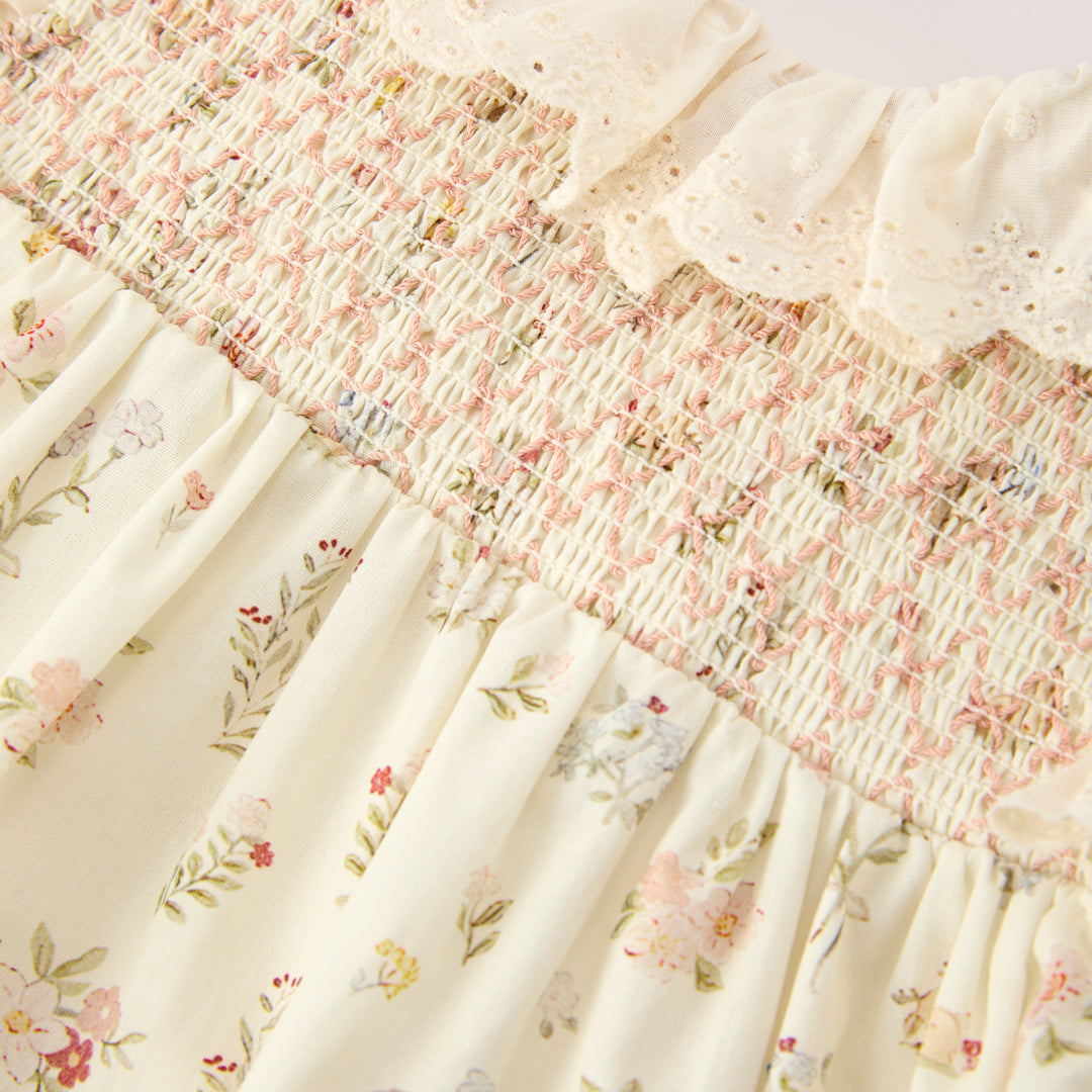 Baby girls floral print cotton smocked dress with lace collar