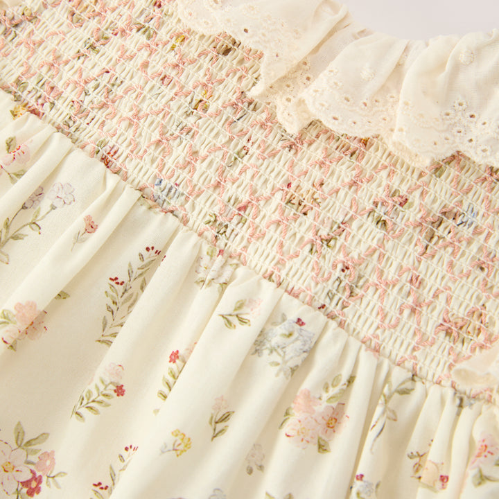 Baby girls floral print cotton smocked dress with lace collar