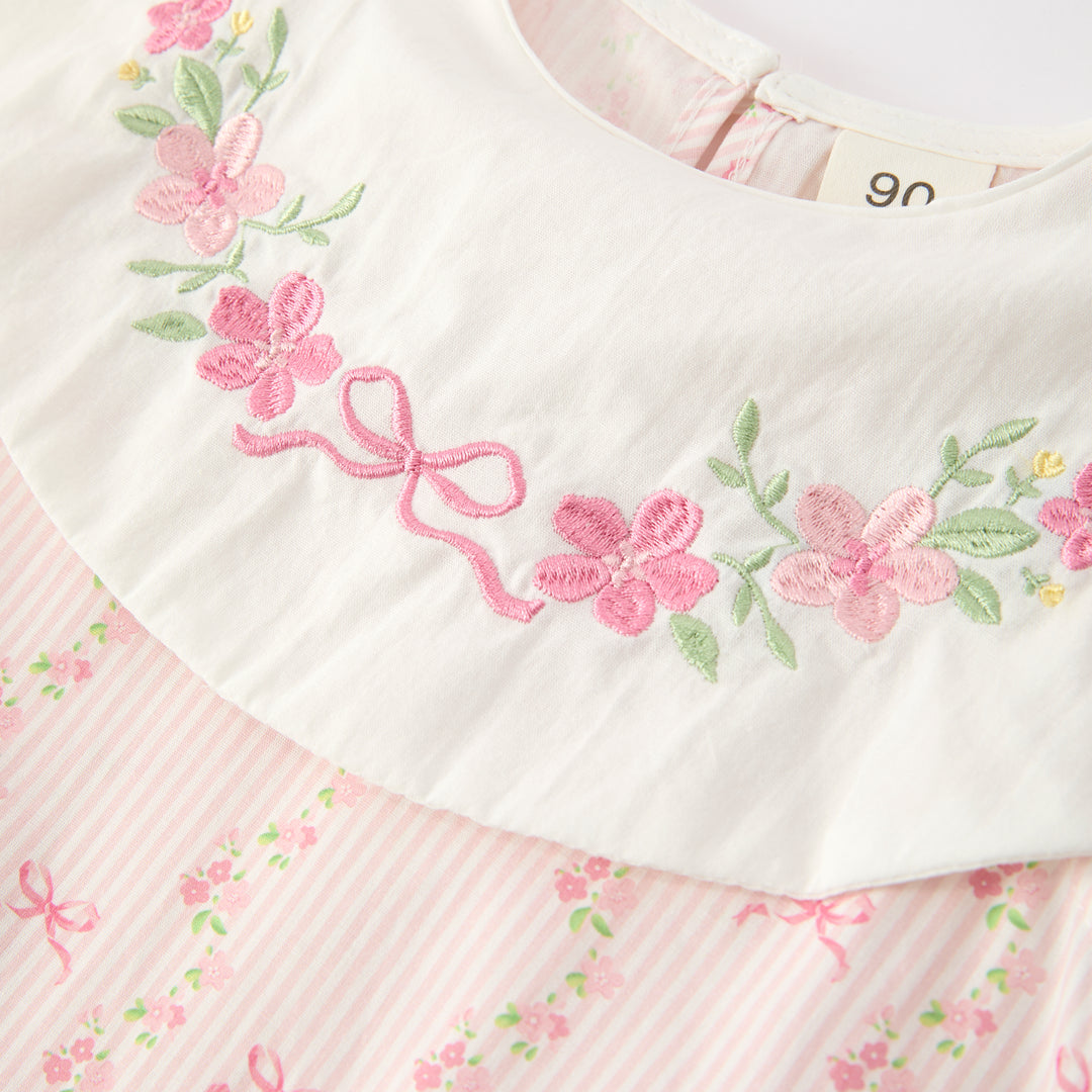 Girls'Pink sweet floral embroidery sleeveless dress