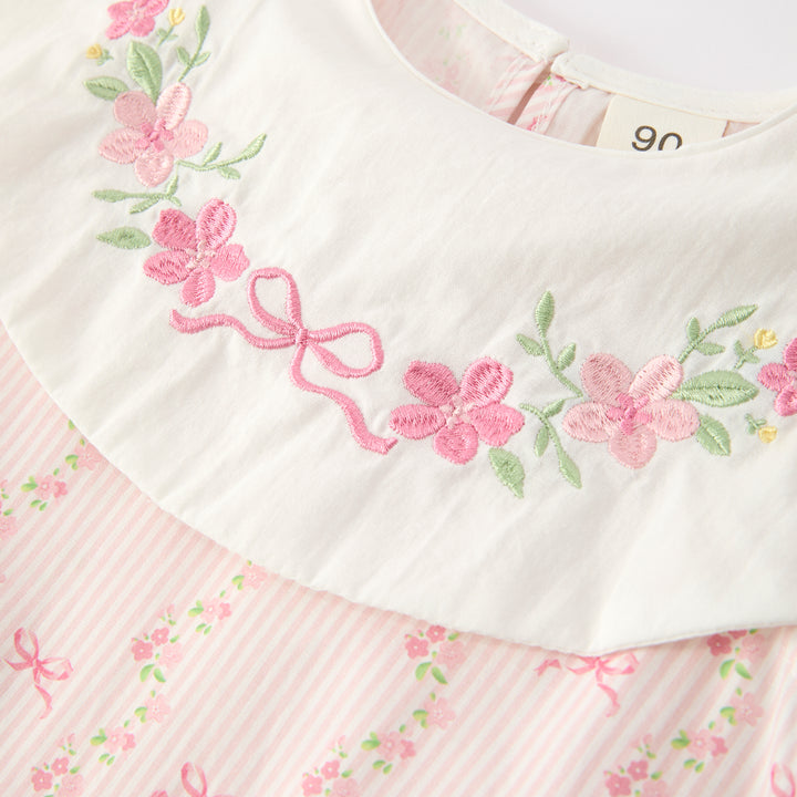 Girls'Pink sweet floral embroidery sleeveless dress