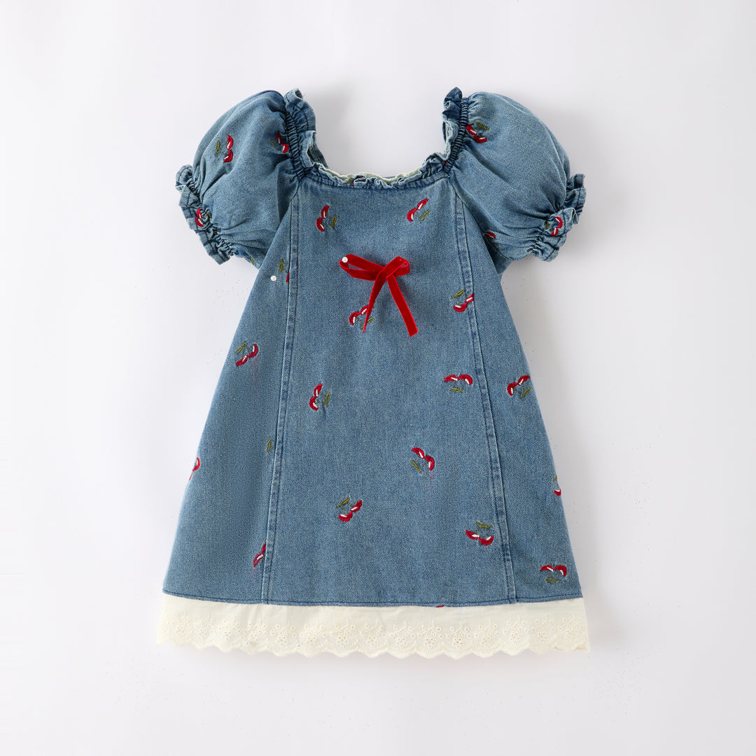 Girls' Sweet cherry embroidery denim dress