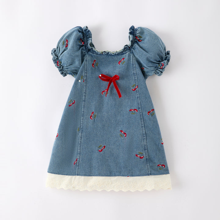 Girls' Sweet cherry embroidery denim dress