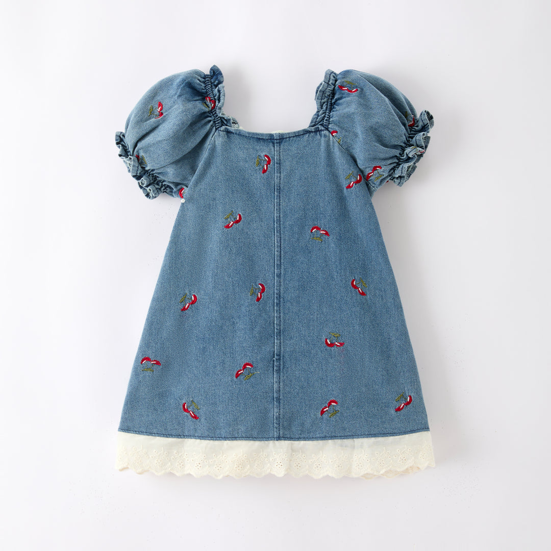 Girls' Sweet cherry embroidery denim dress
