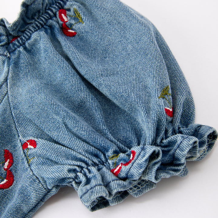 Girls' Sweet cherry embroidery denim dress