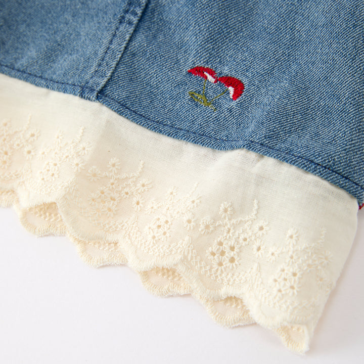 Girls' Sweet cherry embroidery denim dress