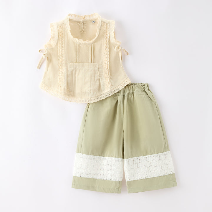 Pastoral style embroidered lace top&wide leg pant set