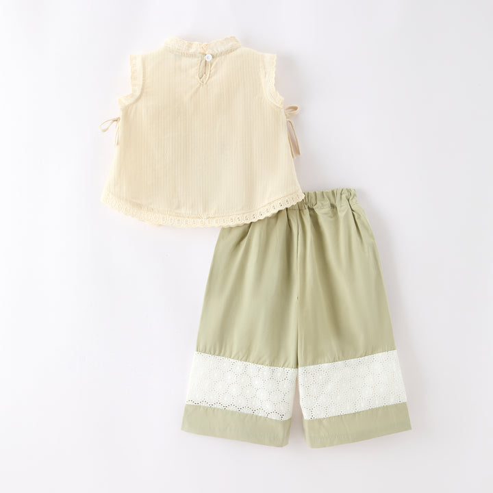 Pastoral style embroidered lace top&wide leg pant set