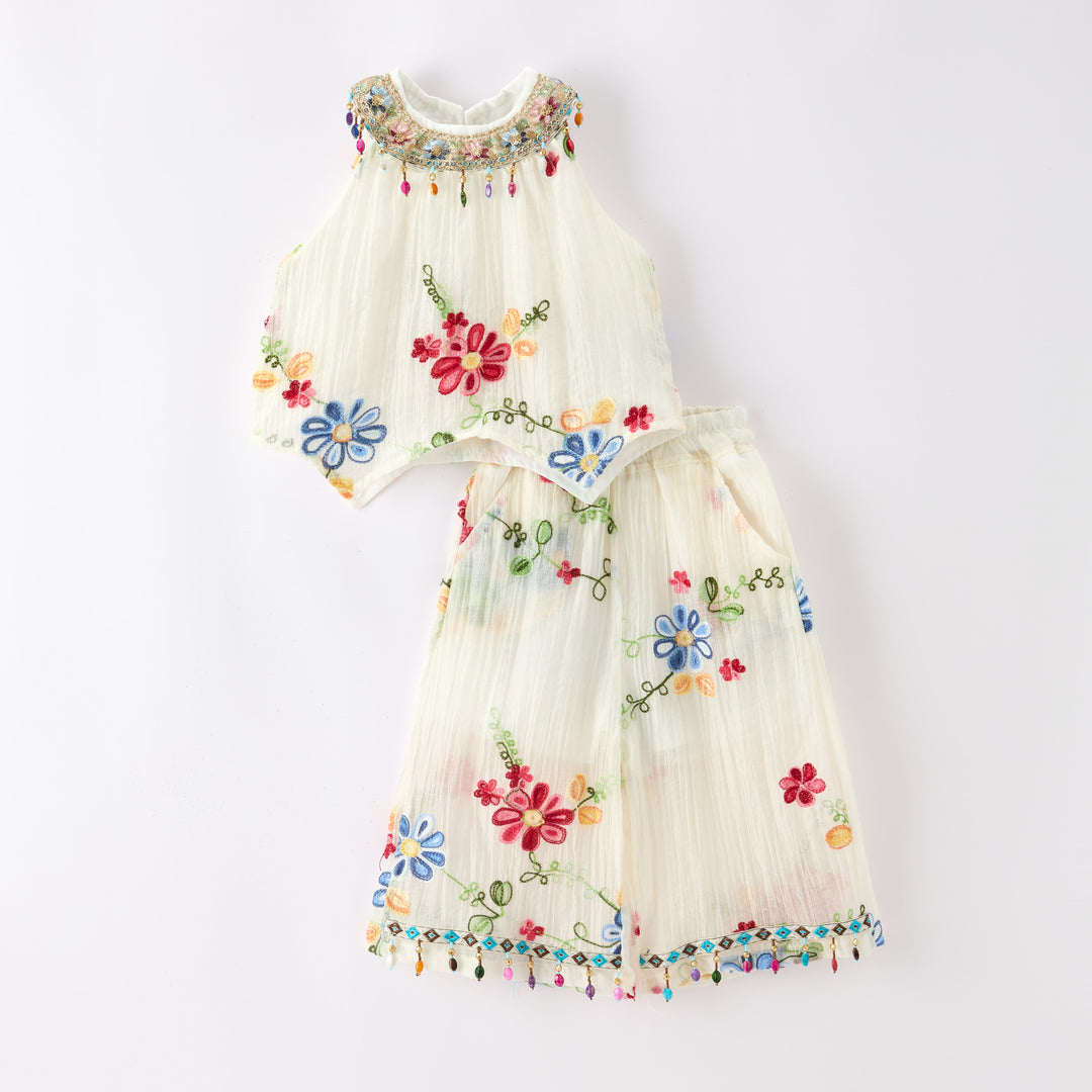 Girls' boho floral embroidered sleeveless top&pant set