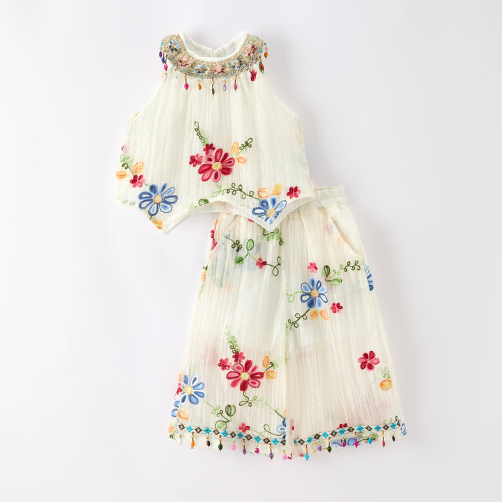 Girls' boho floral embroidered sleeveless top&pant set
