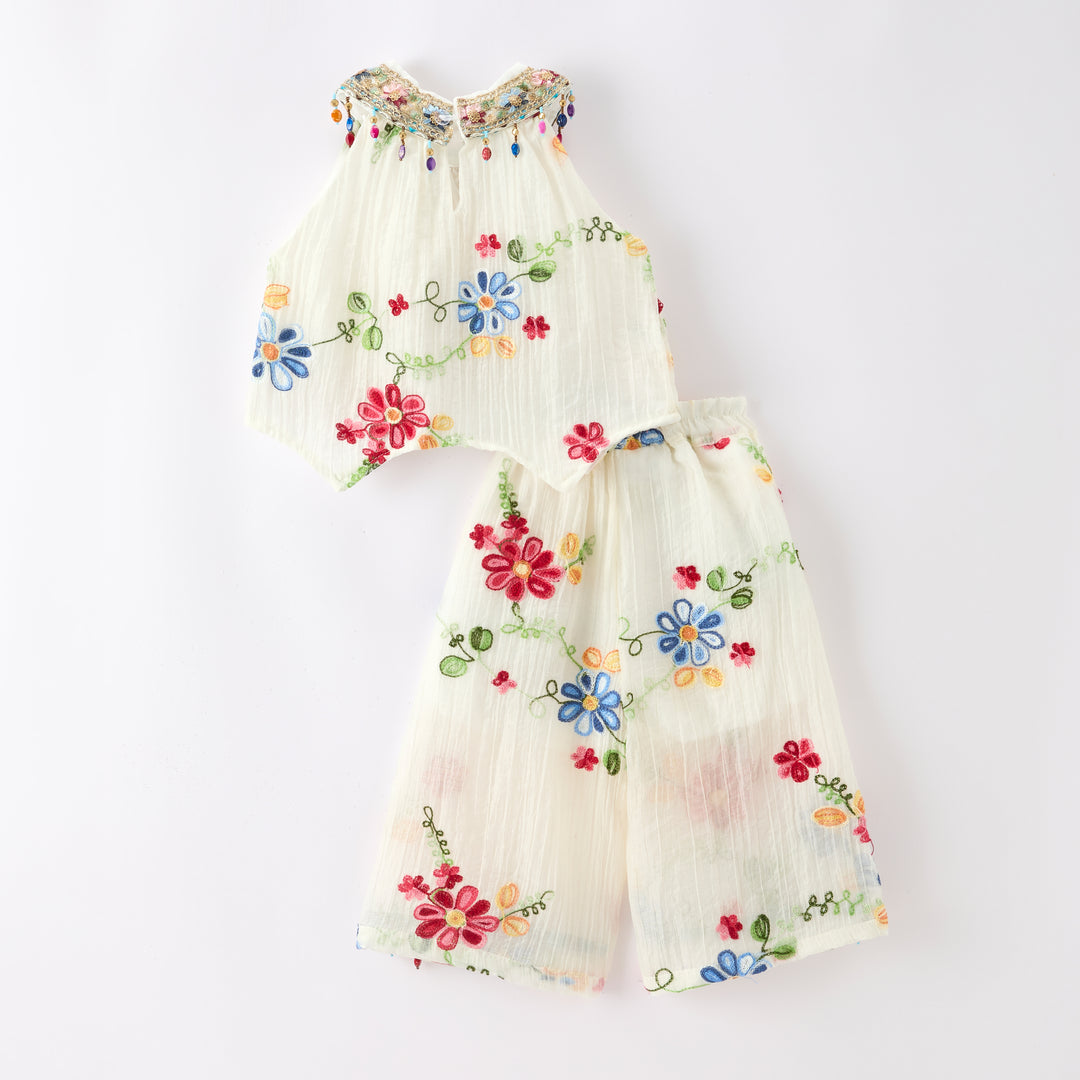Girls' boho floral embroidered sleeveless top&pant set