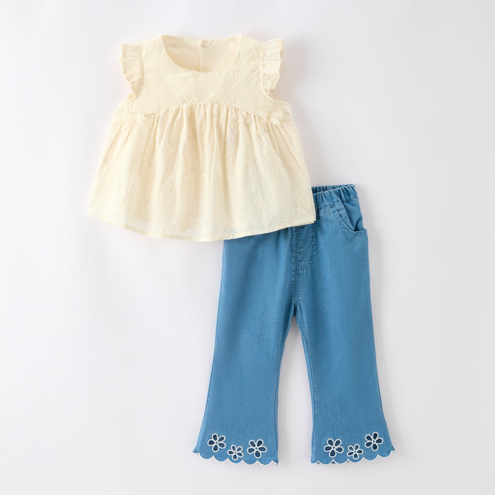 Girls' jacquard embroidered top&denim pant 2pcs set