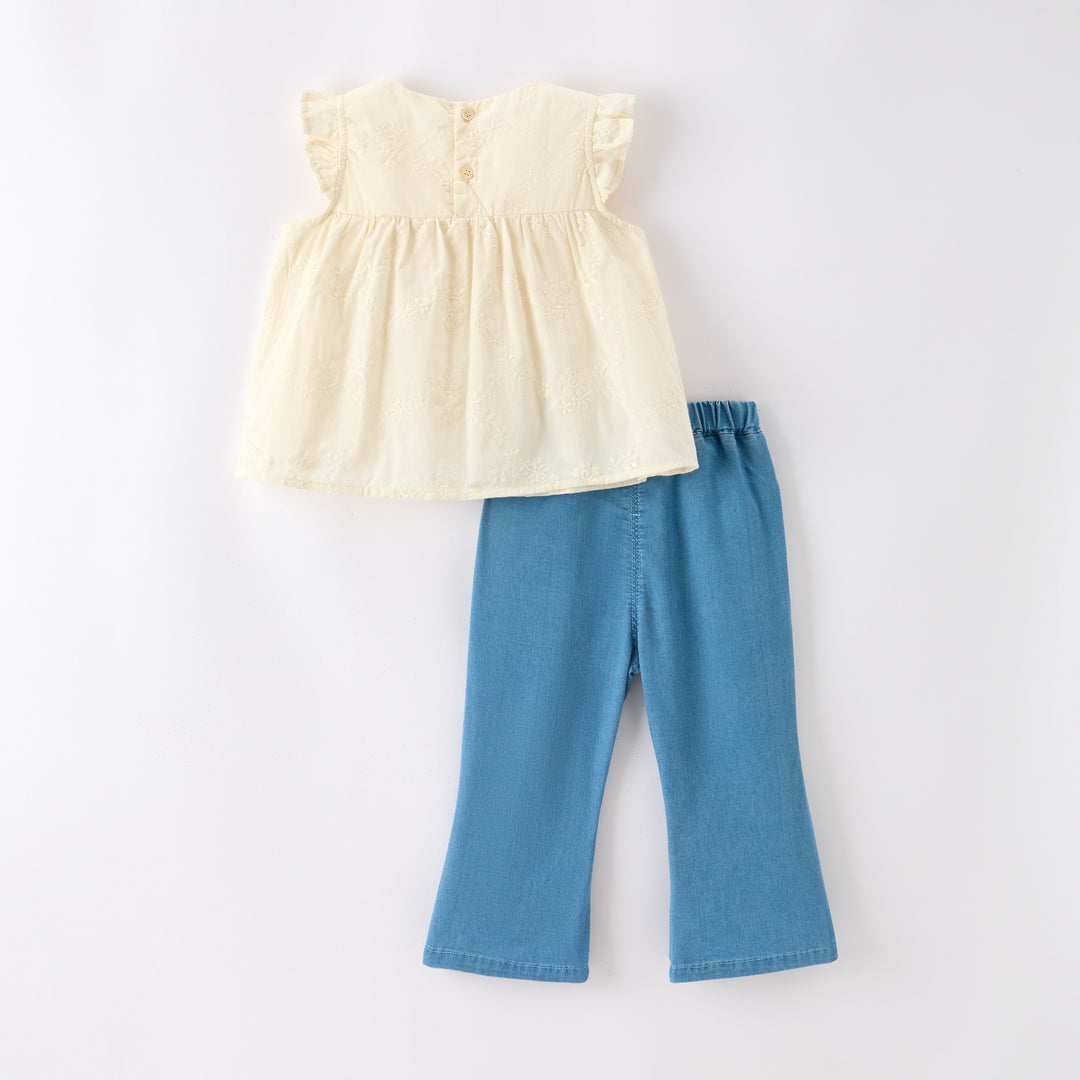 Girls' jacquard embroidered top&denim pant 2pcs set