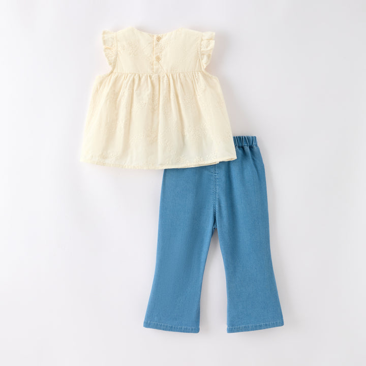 Girls' jacquard embroidered top&denim pant 2pcs set