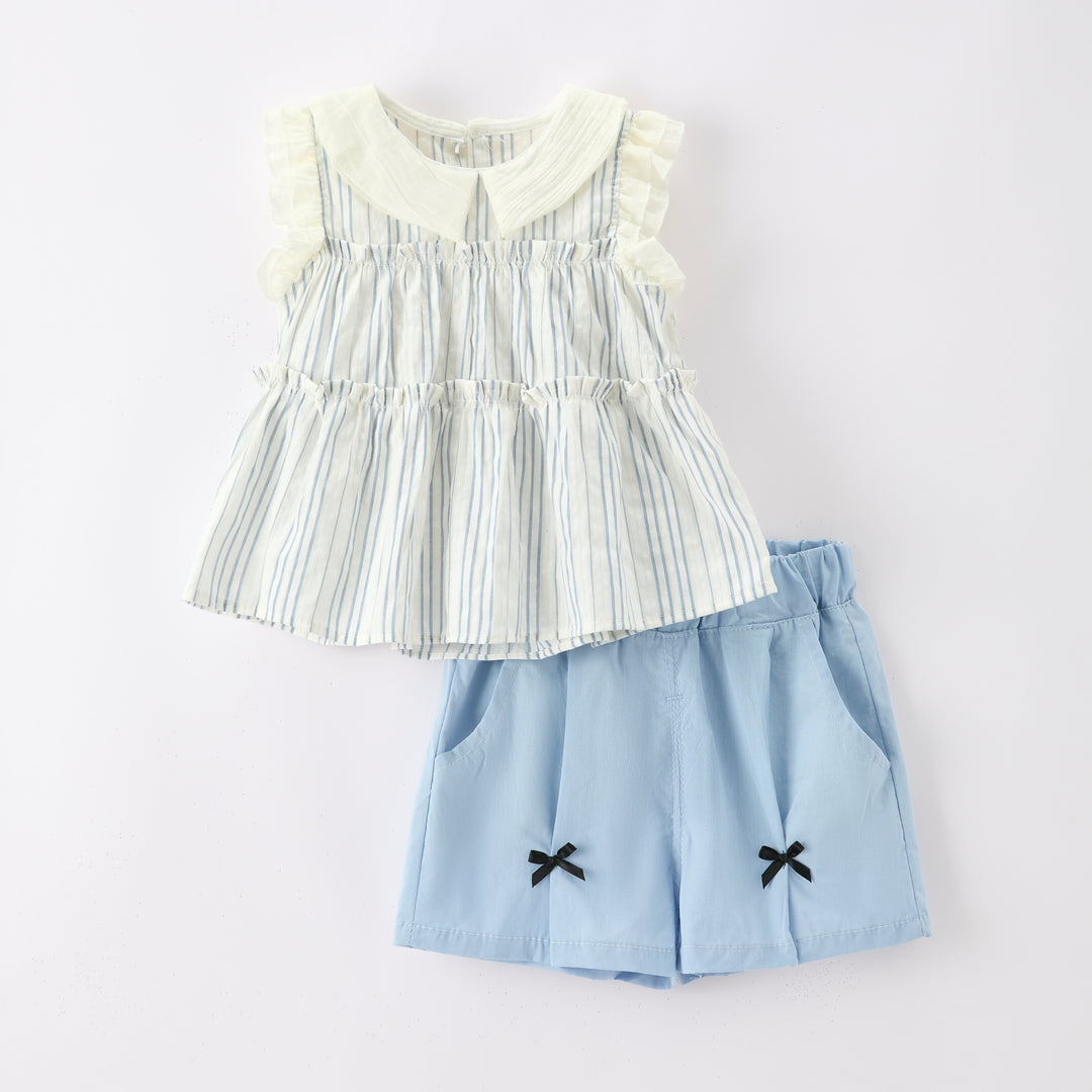 Girls'blue striped ruffle top&bow shorts 2pcs set