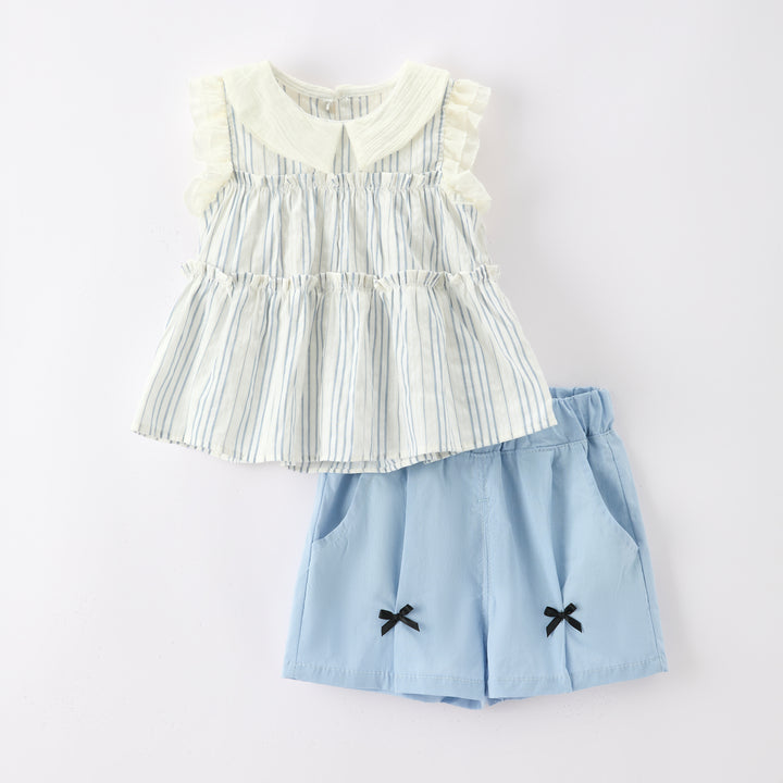 Girls'blue striped ruffle top&bow shorts 2pcs set