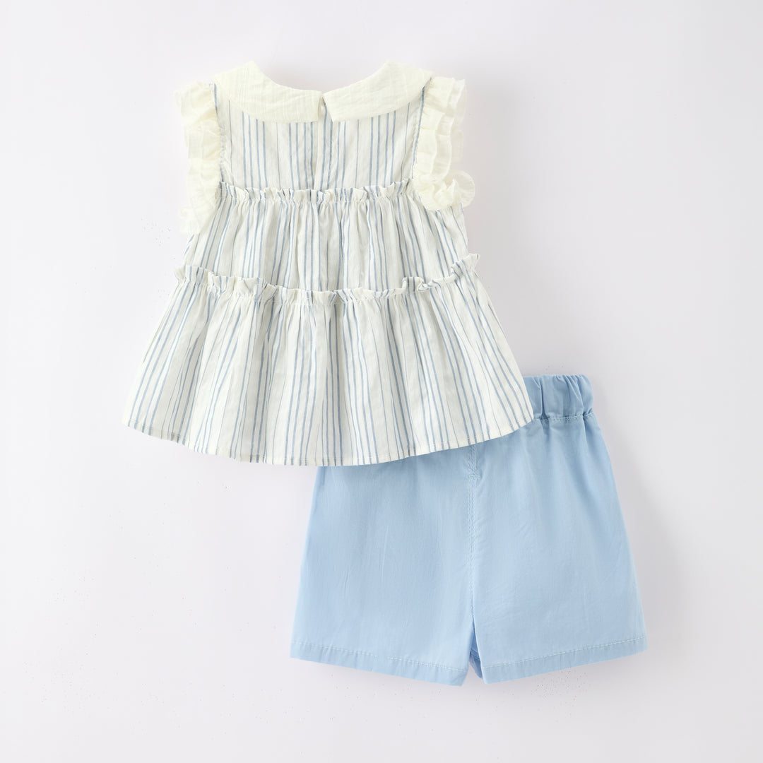 Girls'blue striped ruffle top&bow shorts 2pcs set