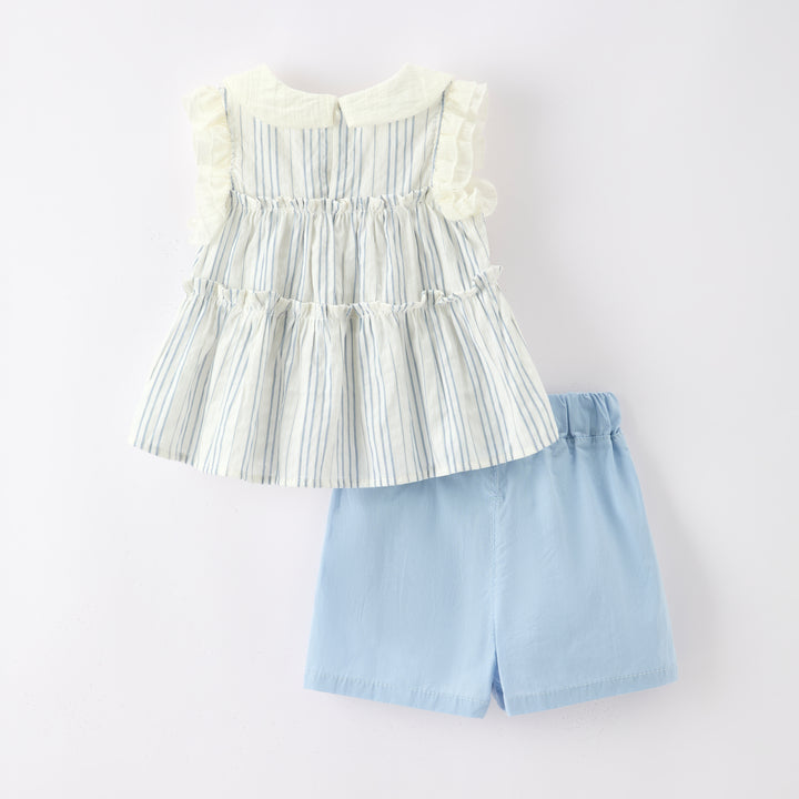 Girls'blue striped ruffle top&bow shorts 2pcs set