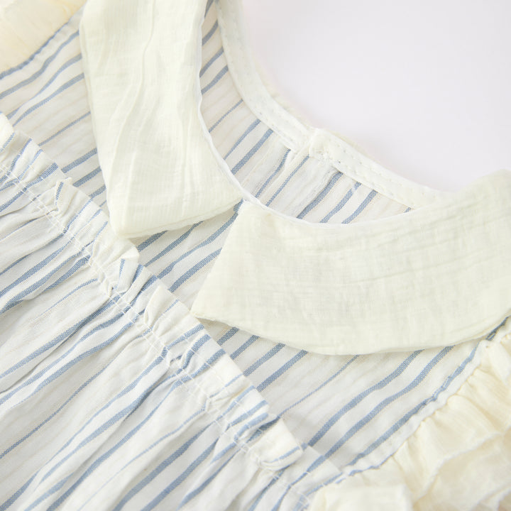 Girls'blue striped ruffle top&bow shorts 2pcs set