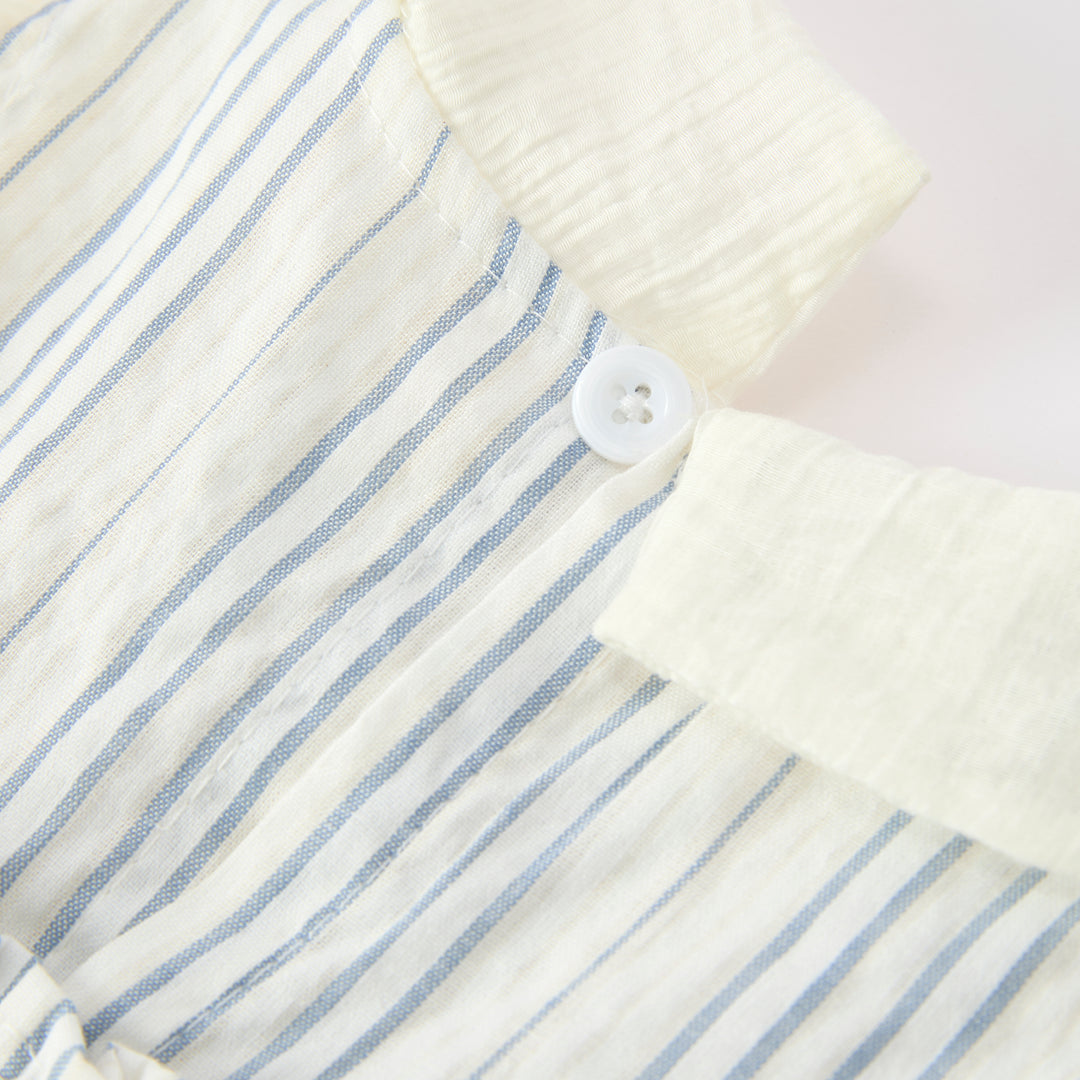 Girls'blue striped ruffle top&bow shorts 2pcs set