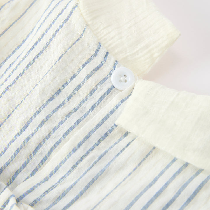 Girls'blue striped ruffle top&bow shorts 2pcs set