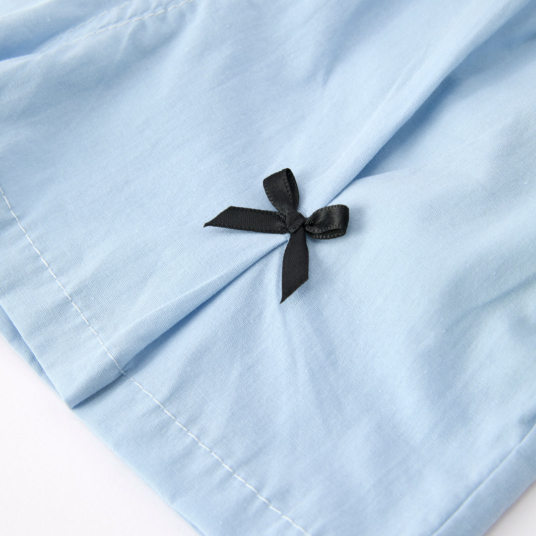 Girls'blue striped ruffle top&bow shorts 2pcs set
