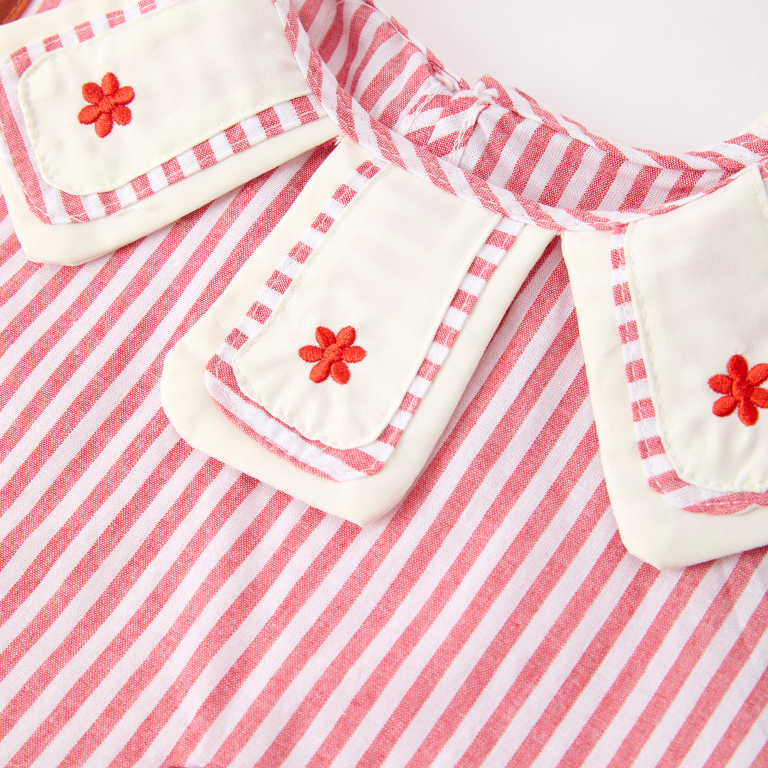 Girls' summer coral red striped floral embroidered 2pcs set