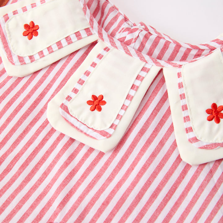 Girls' summer coral red striped floral embroidered 2pcs set